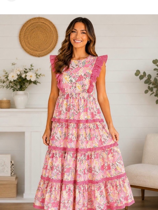Simply Southern Dresses & Skirts - Simply Southern Pink Floral Tiered Maxi Dress with Ruffle Shoulders